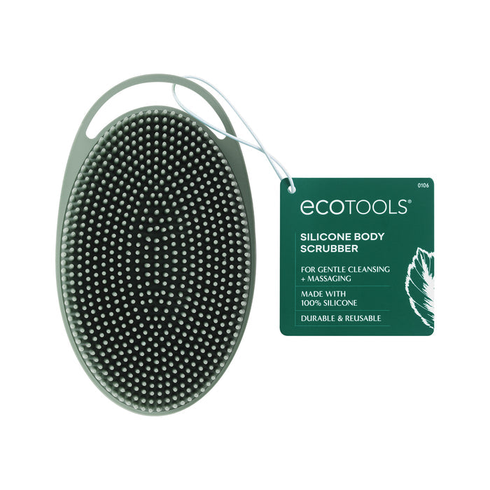 The EcoTools Silicone Scrubber is an eco-friendly, green oval silicone body scrubber with a handle featuring numerous small bristles for gentle cleansing and massaging. Its 100% silicone, reusable, durable, and cruelty-free.