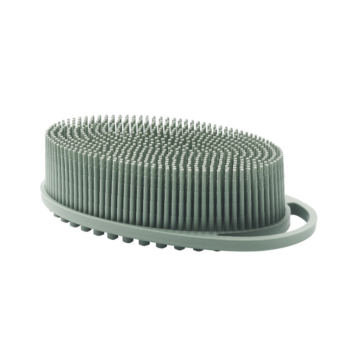 The EcoTools Silicone Scrubber is an eco-friendly, gray oval scrubber with soft bristles and a handy handle, ideal for gently massaging hair or skin.
