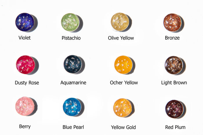 Second mica color palette for pendant with circular swatches including Violet Pistachio Olive Yellow Bronze