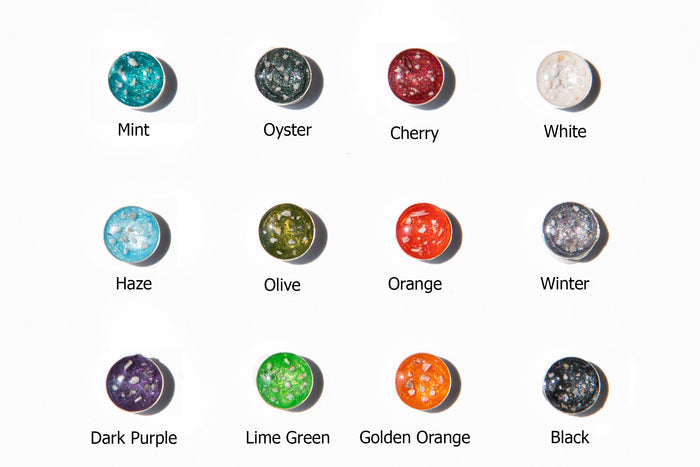 Color swatches for the Silver Zircon Ring with Cremation Ashes showing Mint Oyster Cherry White Haze Olive Winter and more