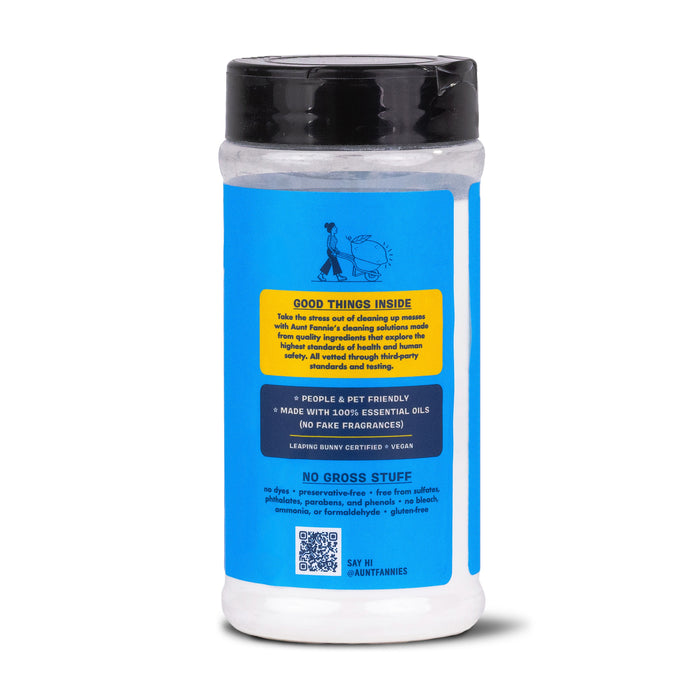 Aunt Fannies Sink Refresher features a blue label boasting benefits like odor-neutralizing essential oils. Its people and pet-friendly, Leaping Bunny certified, vegan, and preservative-free. Curious about this versatile scrub? Scan the QR code at the bottom!.