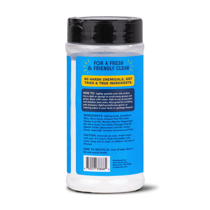 Aunt Fannies Sink Refresher is in a cylindrical white container with a blue label stating No Harsh Chemicals, Just Tried & True Ingredients. It neutralizes odors and features ingredients and recycling instructions on the container with a black lid.