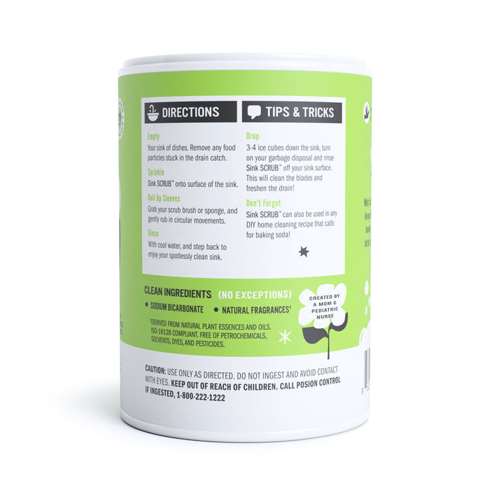 Back of a green Mollys Suds Sink Scrub container features directions for cleaning dishes and sinks, using ingredients like sodium bicarbonate and natural fragrances. Warning advises against ingestion or eye contact.