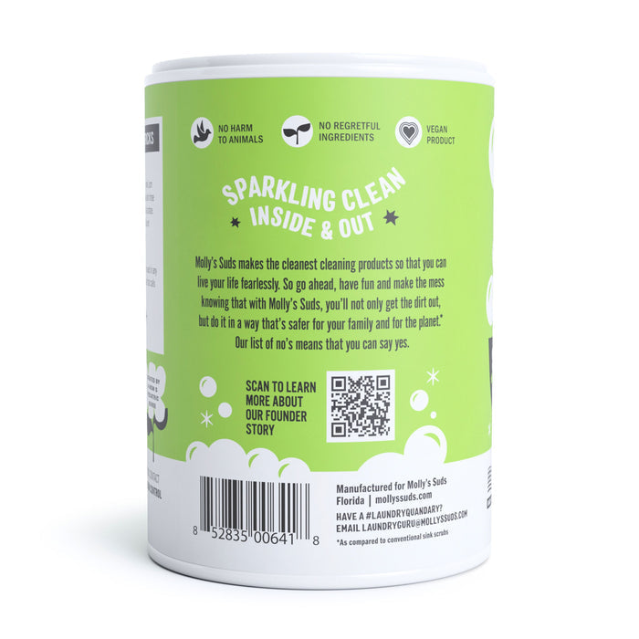 Mollys Suds Sink Scrub features green and white packaging with icons and text promoting benefits like No harm to animals, No regretful ingredients, and Vegan product. It includes an aroma, a natural cleaner description, and a QR code for more details.