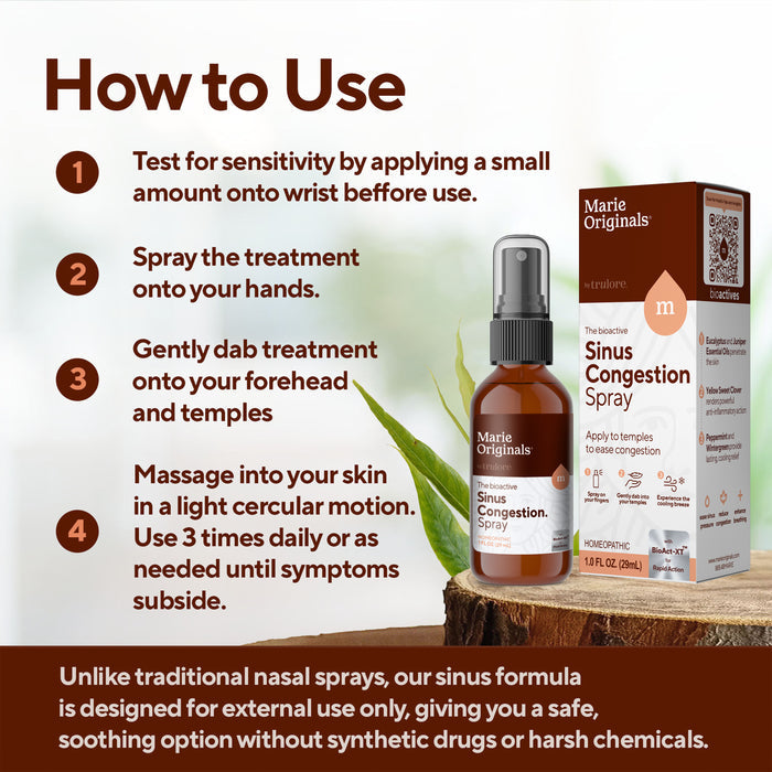 A step-by-step guide for using Marie Originals Sinus Congestion Relief Spray, showing instructions, bottle, and box, with info highlighting its gentle, external use and drug-free formula.