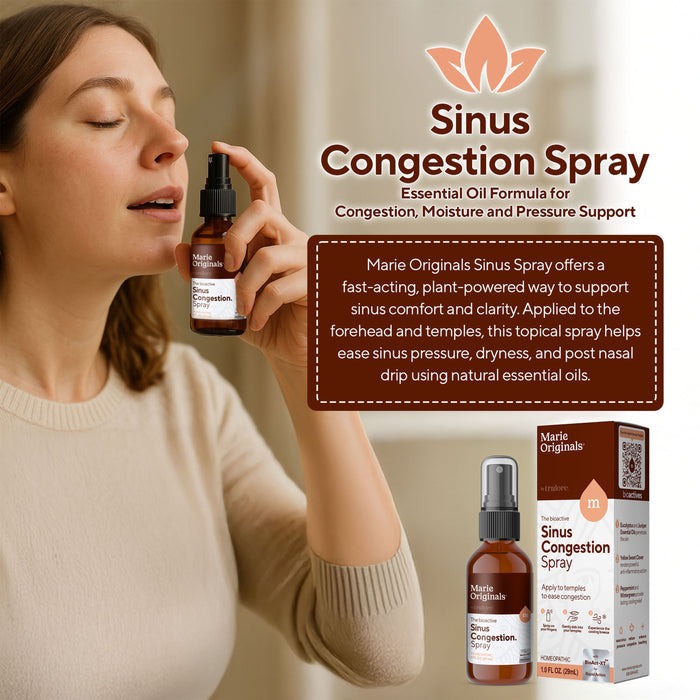 A woman uses Marie Originals Sinus Congestion Relief Spray from a small bottle. Beside her are the product box and bottle, highlighting its essential oil-based formula for natural sinus congestion relief.