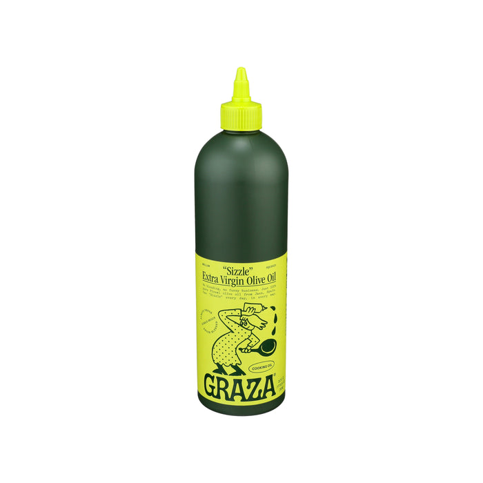 The green bottle of Grazas Sizzle Extra Virgin Olive Oil - For Cooking highlights a mellow flavor from mature olives and sports a bright yellow label featuring a cartoon chef pouring olive oil, with a pointed nozzle for easy dispensing.