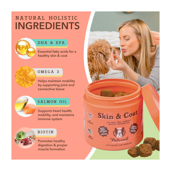 A woman sitting on a couch gives a treat to a dog. Next to them is an orange container labeled "Skin &amp; Coat" with treat blocks visible. Text highlights ingredients: DHA &amp; EPA, Omega 3, Salmon Oil, and Biotin for skin, coat, and health benefits.