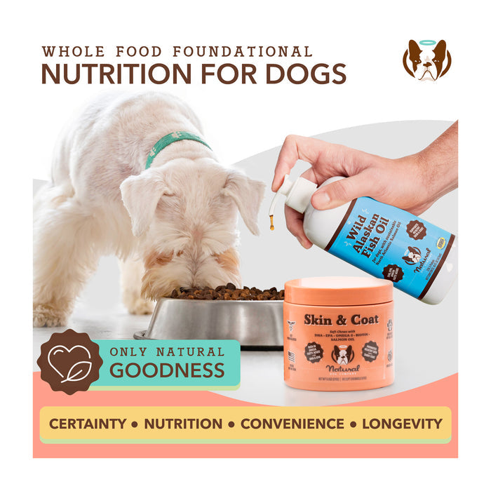 A small white dog eats from a bowl. A person pours a bottle labeled "Wild Alaskan Salmon Oil" near the bowl. In the foreground, there's a container labeled "Skin &amp; Coat." Text highlights natural nutrition benefits for dogs.