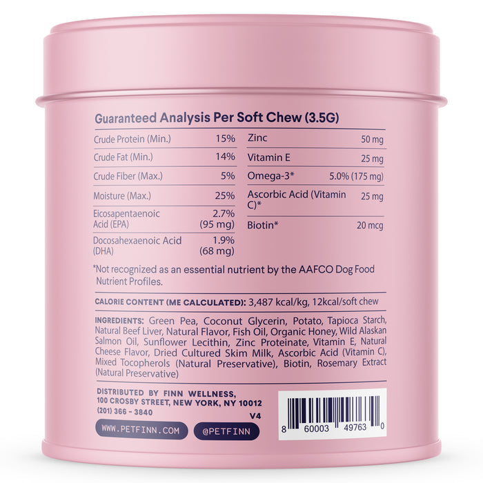 The back of Finns Skin & Coat Supplement for Dogs features a pink container with a Guaranteed Analysis listing crude protein, fat, zinc, vitamin E, and omega-3s alongside calorie details. Ideal for dog chews, it includes distributor contact info at the bottom.