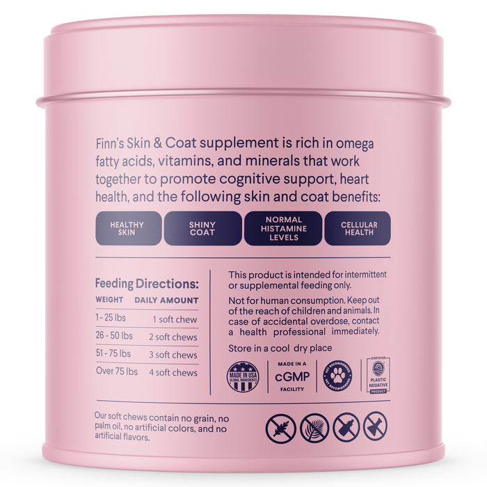 A pink container of Finn Skin & Coat Supplement for Dogs contains omega-3 fatty acids to support healthy skin, a shiny coat, and heart health. Feeding directions are based on dog weight. Use as a dietary supplement only.