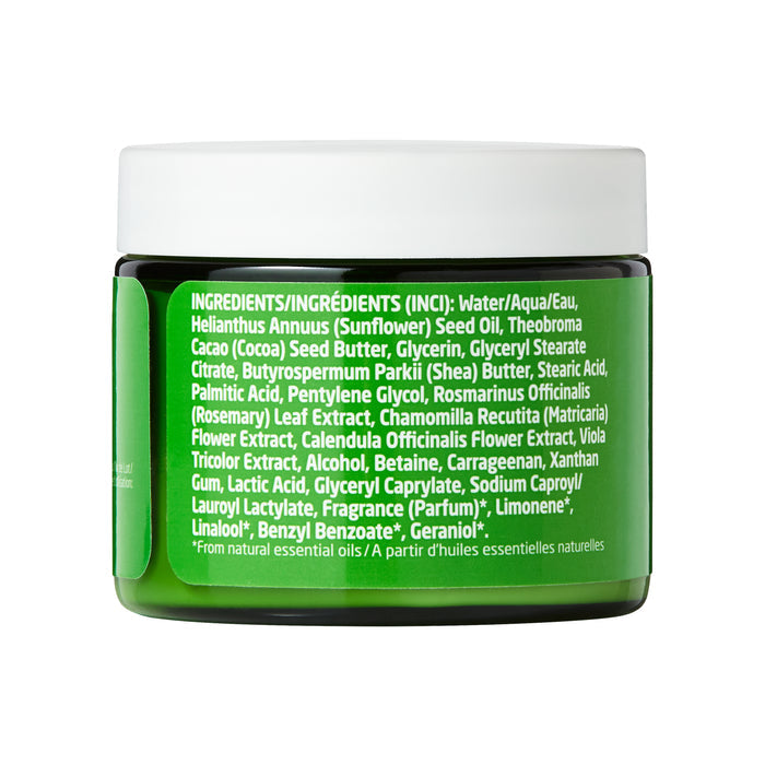 The Weleda Skin Food Body Butter is in a green cylindrical jar with a white lid, providing non-greasy hydration. Ingredients like sunflower seed oil, shea and cocoa seed butters, and chamomile extract are listed in white text on the soothing green background.