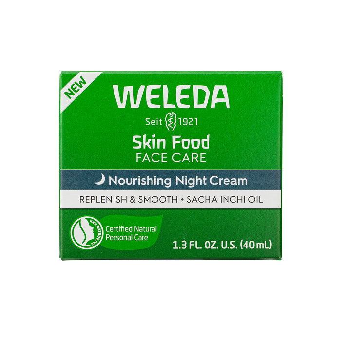 Weleda Skin Food Face Care Nourishing Night Cream in a green box is enriched with sacha inchi oil, offering butter-like nourishment to replenish and smooth your skin overnight. It carries the Certified Natural Personal Care logo and comes in a 1.3 fl. oz. (40 mL) size.