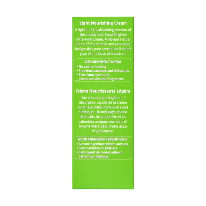 The image shows a green box featuring English and French text about Weledas Skin Food Light Nourishing Cream, highlighting its fast absorption, natural ingredients, paraben-free formula, no synthetic fragrances, and cruelty-free assurance.