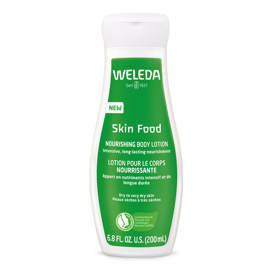 Weledas Skin Food Nourishing Body Lotion, 6.8 fl oz (200ml), features a green label with white text. It blends essential oils and viola tricolor, providing intensive, long-lasting nourishment for dry to very dry skin.