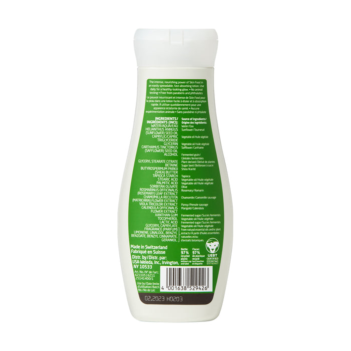 A white Weleda bottle with a green label displays Skin Food Nourishing Body Lotion, featuring enriching essential oils, ingredients, and product information. The text includes a barcode and Made in Switzerland, with an expiration date icon: 02.2023 at the bottom right.