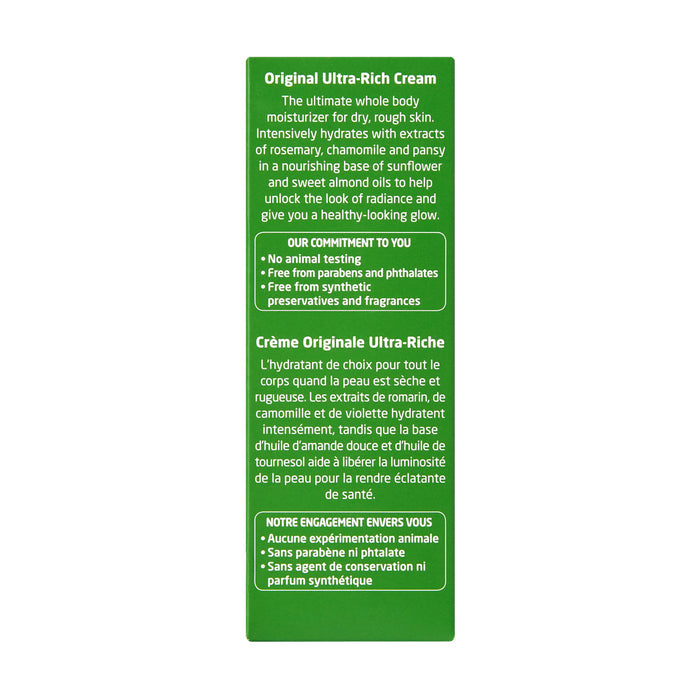 A green box highlights details of Weledas Skin Food Original Ultra-Rich Cream, a whole-body moisturizer emphasizing natural ingredients and ethical standards, including no animal testing, similar to Weleda Skin Food.
