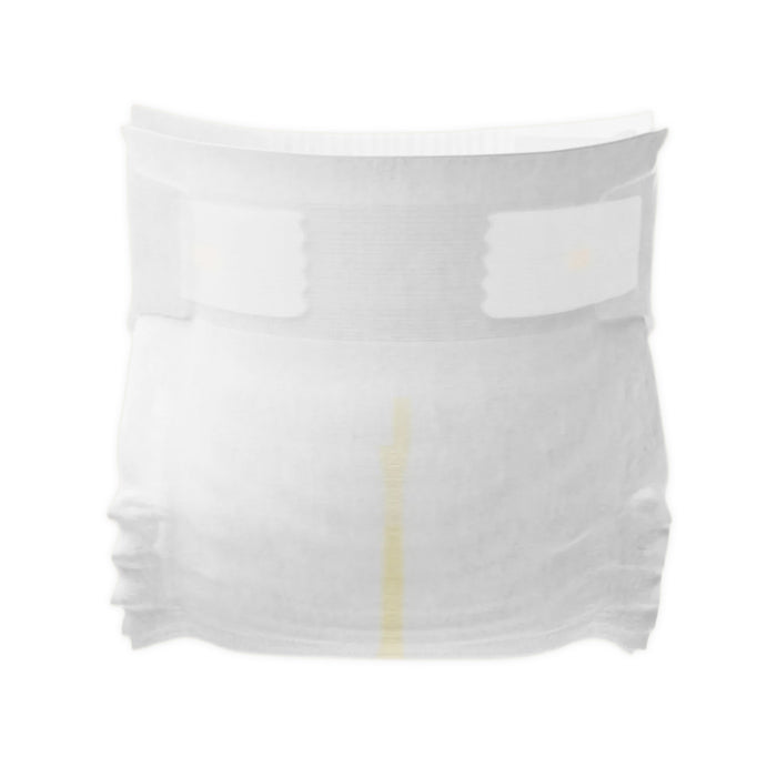 The DYPER Skin Happy Baby Diaper, shown from the front, is white and disposable with certified bamboo layers, elastic sides, and a yellow wetness indicator running vertically down the center.