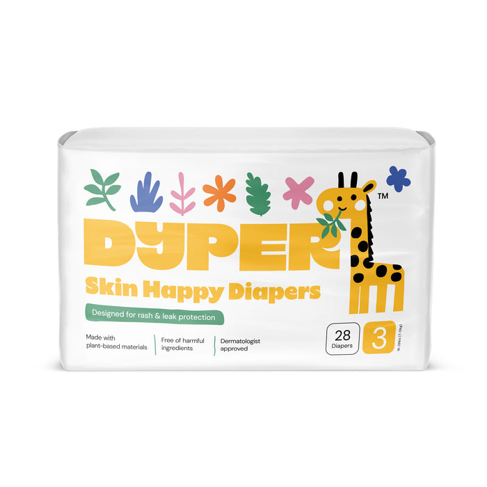 A pack of DYPER Skin Happy Baby Diapers features colorful flower and leaf designs with a yellow giraffe and contains 28 size 3 eco-friendly, dermatologist-approved diapers made with certified bamboo layers for gentle, high-absorbency rash protection.