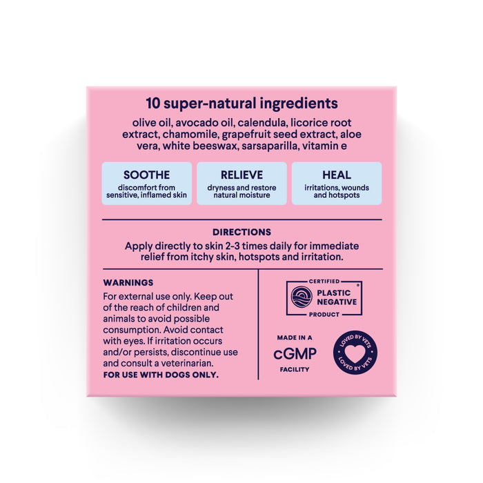 The pink box for Finns Skin Hero - Soothing Skin Balm for Dogs lists 10 natural ingredients like olive oil and vitamin E. Apply 2-3 times daily to soothe, relieve, and heal skin issues. Keep out of childrens reach.