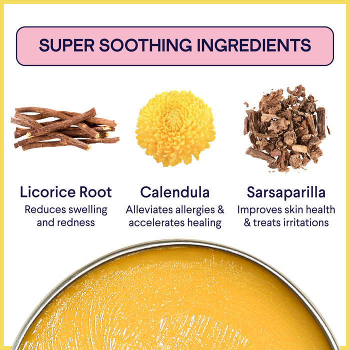 An informational graphic titled "Super Soothing Ingredients" shows three ingredients: Licorice Root, Calendula, and Sarsaparilla. Each ingredient includes a brief description of its benefits. A close-up image of a creamy substance is at the bottom.