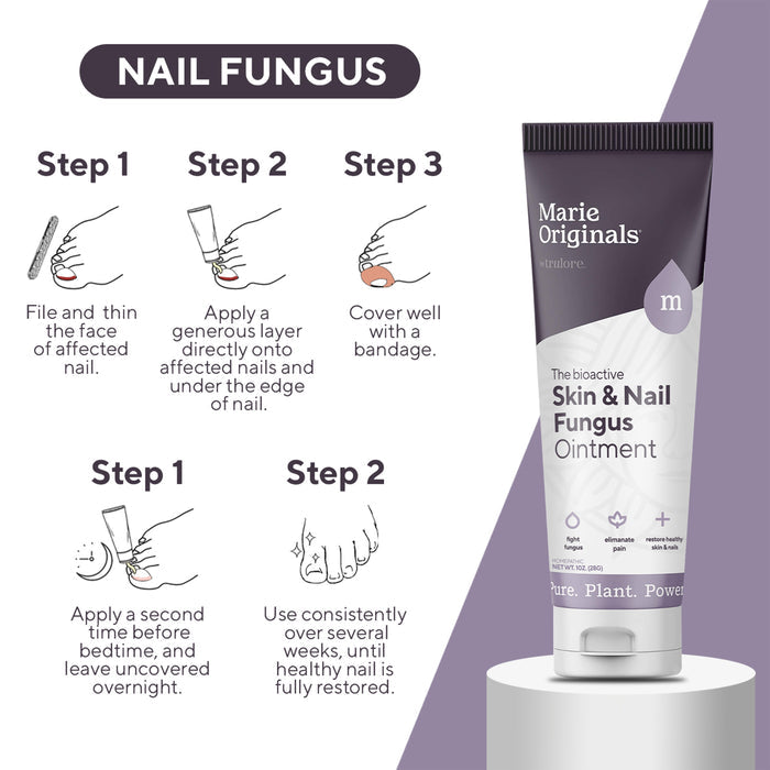 Instructional graphic: File the nail, apply Marie Originals Skin & Nail Fungus Removal Cream, cover with a bandage, repeat application, and continue treatment until the nail appears healthy.