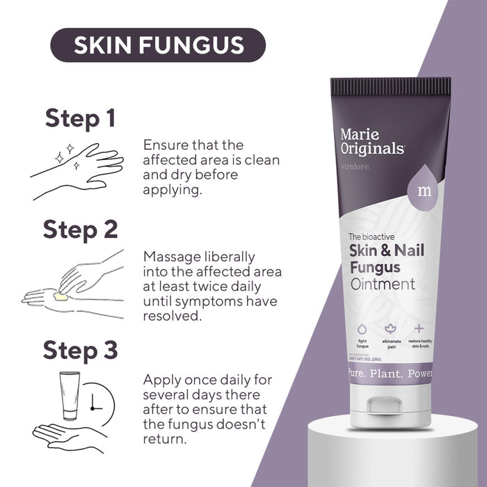 Instructions: Cleanse area, apply Marie Originals Skin & Nail Fungus Removal Cream twice daily, and continue use for several days after symptoms disappear. Tube of this antifungal cream shown on right.