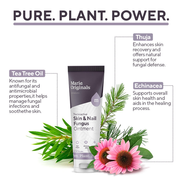 Marie Originals Skin & Nail Fungus Removal Cream is pictured with tea tree leaves, thuja branches, and echinacea flowers, highlighting its antifungal formula and soothing benefits for effective nail fungus treatment.