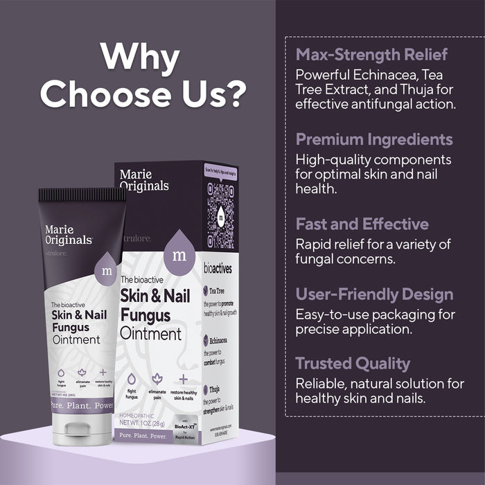An ad for Marie Originals Skin & Nail Fungus Removal Cream highlights max-strength relief, premium ingredients, fast results, a user-friendly design, and trusted natural quality. The product packaging is also displayed.