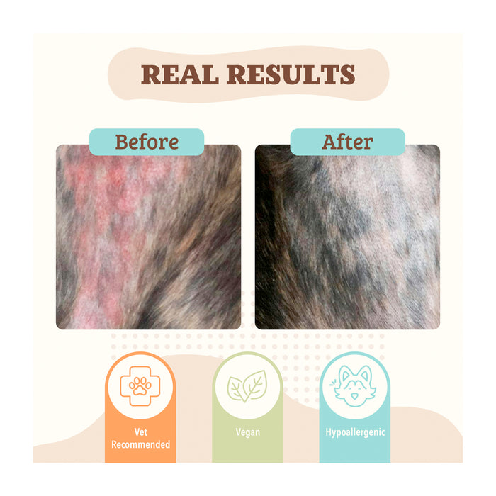 Image showing two sections labeled "Before" and "After." The "Before" section displays irritated skin, while the "After" section shows improved skin condition. Icons below indicate "Vet Recommended," "Vegan," and "Hypoallergenic" qualities.