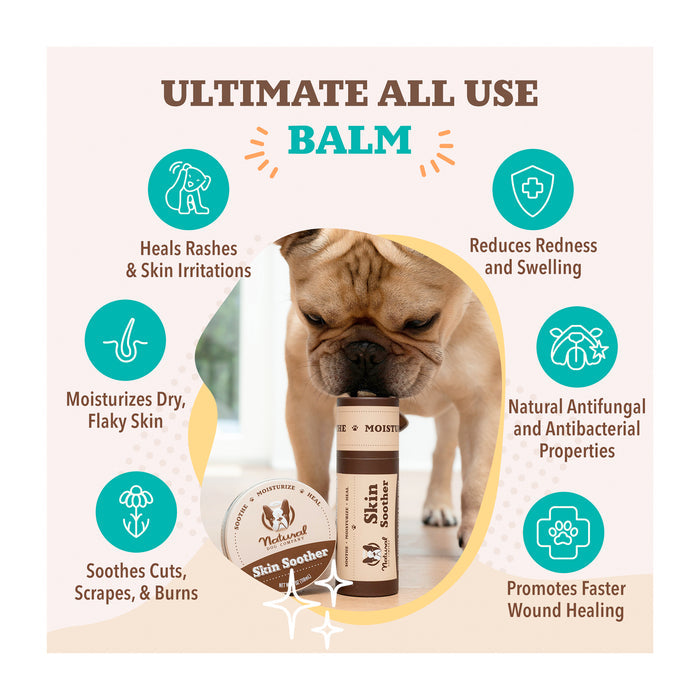 A bulldog sniffs a tin of "Skin Soother" balm. The packaging highlights benefits: heals rashes and skin irritations, moisturizes dry skin, soothes cuts, reduces redness, offers antifungal properties, and promotes faster wound healing.