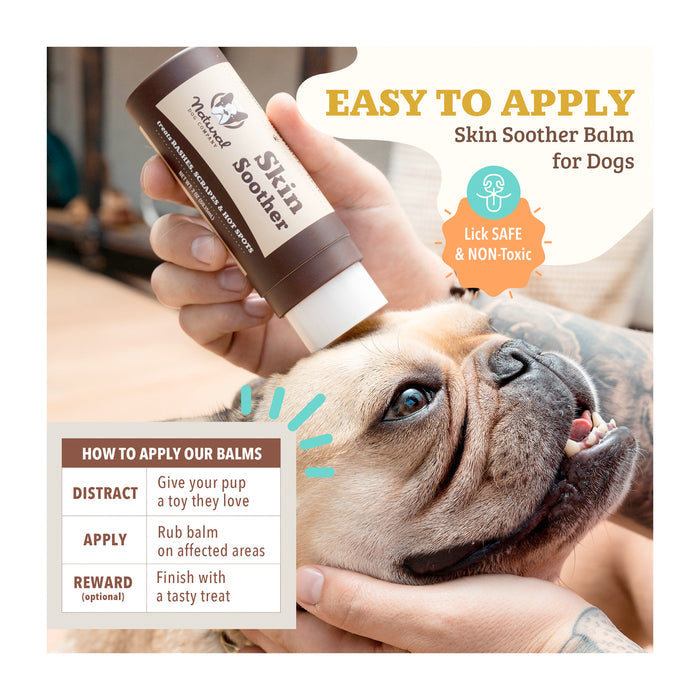 A person applies Skin Soother Balm from a stick to a relaxed dog's face. The packaging reads "Lick SAFE &amp; NON-Toxic." Instructions include giving a toy, applying the balm, and rewarding with a treat.