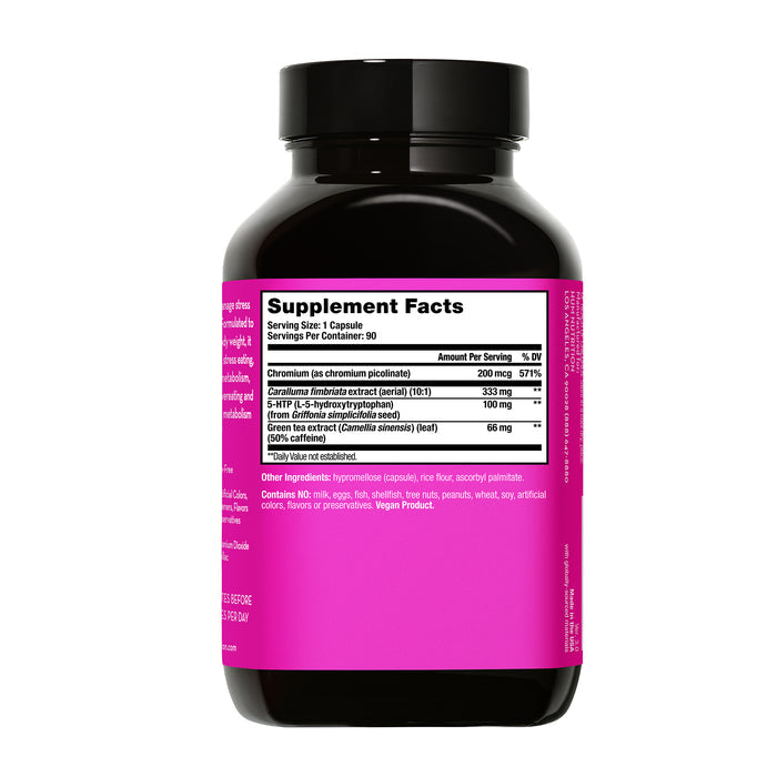 Skinny Bird by HUM Nutrition, designed for appetite control and weight management, comes in a bottle with a pink label listing ingredients like Chromium, Acetyl L-Carnitine, and 5-HTP. The bottle features a sleek black cap.