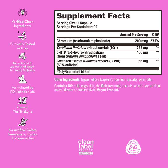 Pink "Supplement Facts" section lists ingredients like Chromium, Caralluma fimbriata extract, 5-HTP, and Green tea extract. Product is vegan, free of artificial ingredients, clinically tested. Logos include Clean Label Project, Cruelty-Free, Vegan.