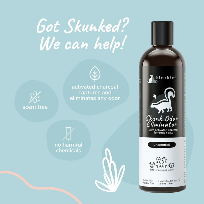 A kin+kind Skunk Odor Eliminator Shampoo for Dogs & Cats bottle, made with activated charcoal and free from harmful chemicals, is shown with a skunk illustration highlighting its safety and scent-free formula. In the background are icons and the text Got Skunked? We can help!.