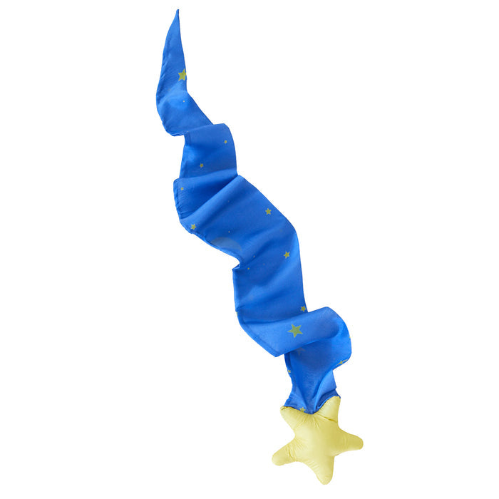 A wavy blue ribbon with small yellow stars and a star-shaped end, embodying the motion of Sarahs Silks Skytail, looks like a magic wand or shooting star on a white background.