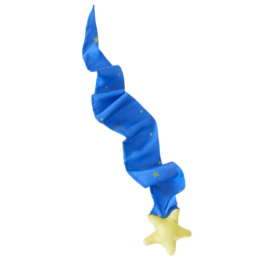 A wavy blue ribbon with small yellow stars and a star-shaped end, embodying the motion of Sarahs Silks Skytail, looks like a magic wand or shooting star on a white background.