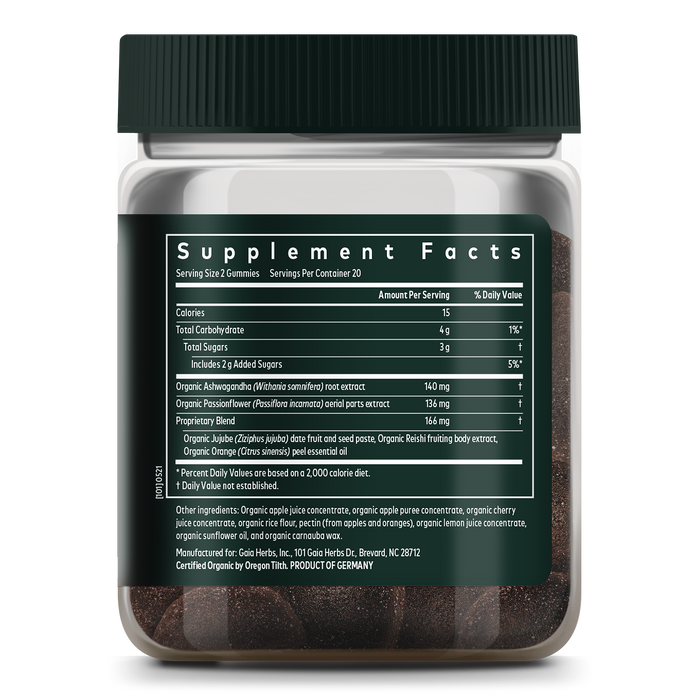 The Gaia Herbs Sleep Gummies come in a plastic container with a dark green label, featuring supplement facts. It contains organic ashwagandha, organic apple extract, and reishi. Nutritional details like calories and sugar are provided. This wellness blend is sourced from Germany.