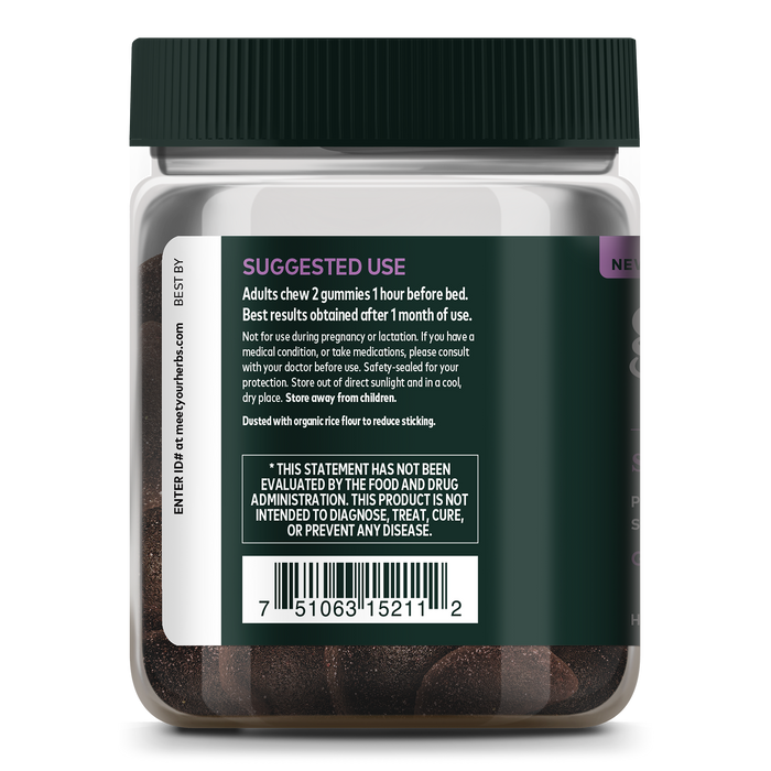 The image shows the back of a Gaia Herbs Sleep Gummies bottle with a Suggested Use label, FDA disclaimer, and barcode at the bottom. The cap and sides are partially visible. These Reishi-infused gummies promise support with their natural goodness.