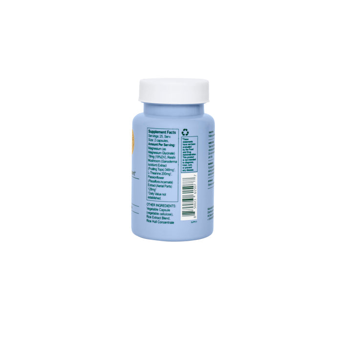 A blue Hilma Sleep Support bottle with a white cap displays a partially visible label containing supplement facts, ingredients, and a recycling symbol. These capsules offer natural sleep aid without melatonin, providing clear nutritional information.