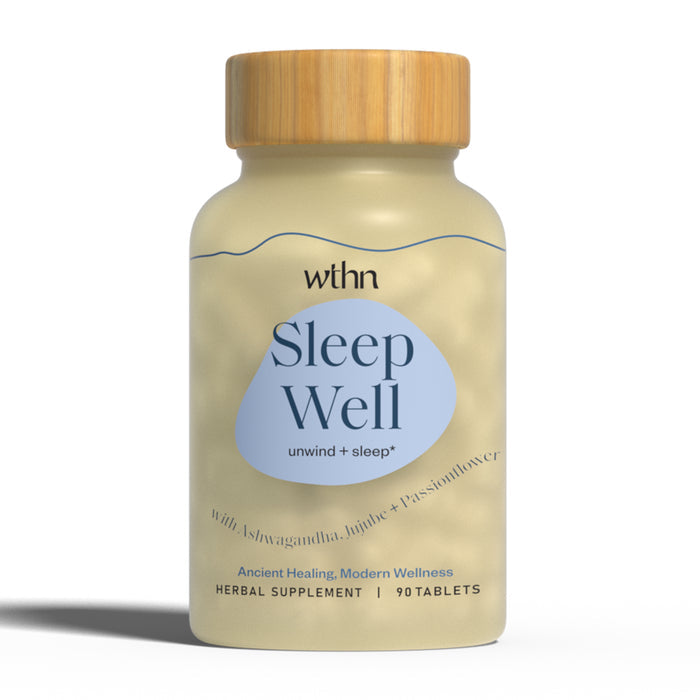 The WTHN Sleep Well herbal supplements come in a cream-colored bottle with a wooden cap and contain 90 tablets featuring Organic Ashwagandha, Jujube, and Passionflower, designed to promote natural sedation and deep sleep for restful nights.