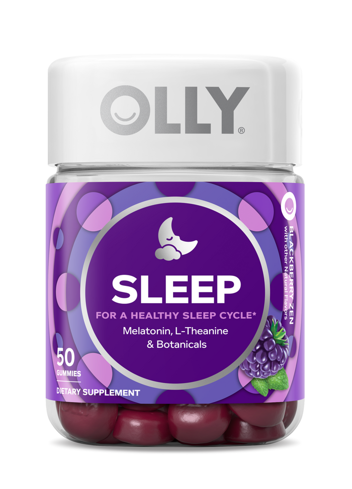 OLLY Sleep gummies, featuring melatonin and L-Theanine for restful nights, come in a jar with 50 blackberry zen-flavored pieces. The purple label with a moon illustration highlights their soothing botanical blend.