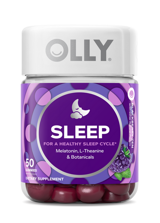 OLLY Sleep gummies, featuring melatonin and L-Theanine for restful nights, come in a jar with 50 blackberry zen-flavored pieces. The purple label with a moon illustration highlights their soothing botanical blend.