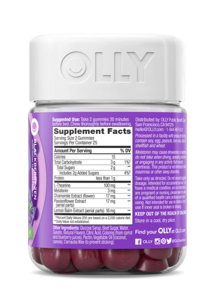A transparent jar of OLLY Sleep supplements contains grape-flavored gummies with Melatonin and L-Theanine. Supplement facts and suggested use are on the label, with social media and contact details at the bottom. The jar is topped with a silver lid.