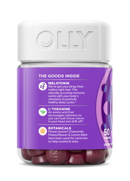 A bottle of OLLY Sleep gummies with a white lid highlights ingredients like melatonin, L-theanine, and soothing botanicals such as chamomile and lemon balm. The label features The Goods Inside, detailing 50 gummies and dietary supplement information.