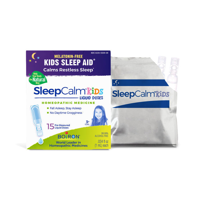 Boirons SleepCalm Kids offers a melatonin-free sleep aid for children, featuring 15 pre-measured, plant-based doses. The packaging highlights natural elements and reflects the trusted Boiron brand.