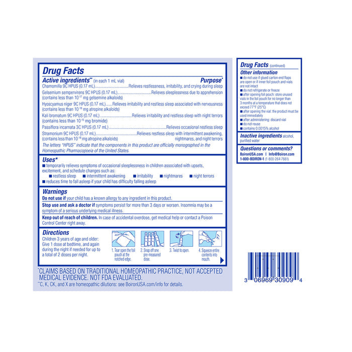 The SleepCalm Kids label by Boiron details its drug facts, featuring plant-based ingredients such as Coffea cruda and Avena sativa. It includes usage instructions and warnings, and is melatonin-free, with a calming blue and white color scheme.