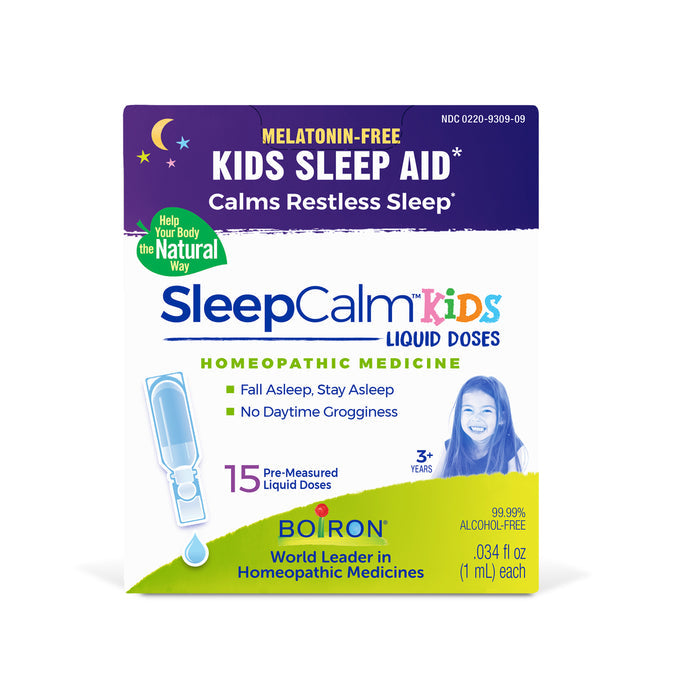 Image of a Boiron SleepCalm Kids box, showcasing a melatonin-free sleep aid with plant-based ingredients. This homeopathic medicine encourages natural calming for children, containing 15 pre-measured doses. Designed for ages 3 and above, the packaging highlights a dropper illustration.