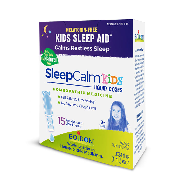 Introducing Boirons SleepCalm Kids, a melatonin-free sleep aid with plant-based ingredients, offering 15 pre-measured liquid doses to calm restless sleep. Helps children age 3+ fall and stay asleep, waking up refreshed without grogginess. Ideal for peaceful nights!.