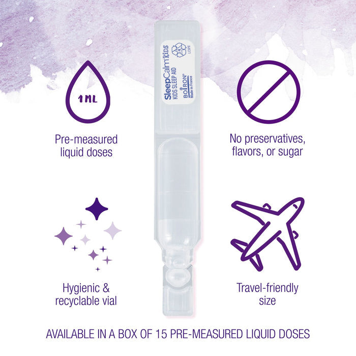 Image showing a small vial of liquid labeled "SleepCalm." Text around the vial highlights key features: 1 mL pre-measured liquid doses, no preservatives, flavors, or sugar, hygienic &amp; recyclable vial, travel-friendly size. Available in a box of 15 doses.